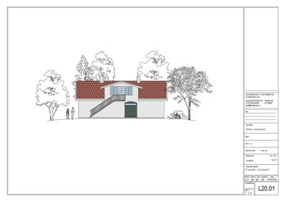 Fasadetegning som viser bygningens utseende sett fra nordvest, inkludert tak, vinduer, dører og omgivende trær.