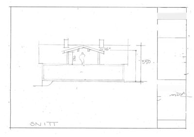 Snittegning som viser tverrsnittet av en tilbyggkonstruksjon med mål og vinkler.