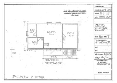 Etasjeplan (PLAN 2. EGG) som viser romfordeling, arealer og plassering av en påbyggelse.