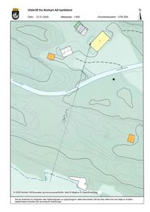 Situasjonsplan (tomtekart) med bygningsplassering, høydeforhold (konturlinjer) og veger.