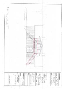 Fasadetegning av et hus sett fra nordvest, med oppriss av tak og fasadeelementer.