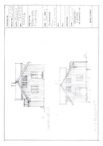Fasadetegning som viser bygningens utseende sett fra sørvest og nordøst.