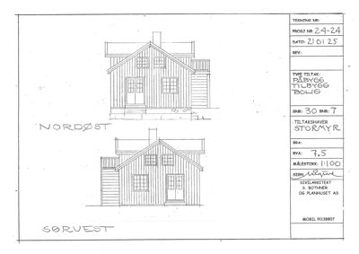 Fasadetegning som viser bygningens utseende fra nordøst og sørvest.