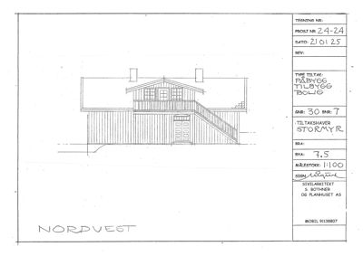 Fasadetegning (opprikk) av en bygning sett fra nordvest.