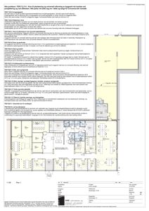 Etasjeplan (Plan 1) med romfordeling, dører, vinduer og tekniske detaljer som ventilasjon og brannvesen.