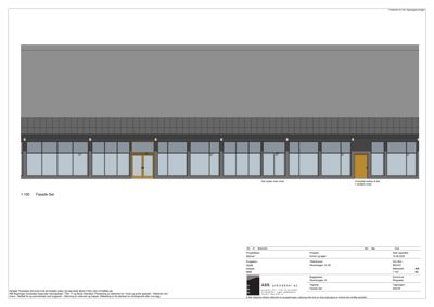 Fasadetegning som viser bygningens utseende sett fra sør (Sør), med dører og vinduer.