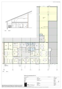 Etasjeplan (Plan 1) med romfordeling, dører, vinduer og tekniske detaljer for et kontorbygg.