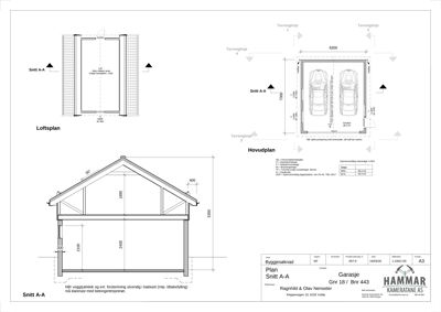 En tegning som viser en hovedplan (Hovedplan) med garasje, en snittegning (Snitt A-A) og en loftplan (Loftsplan) for en garasje.