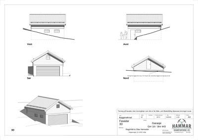 Fasadetegning som viser bygningens utseende fra fire sider (Vest, Aust, Sør, Nord) med tegnet terrengprofil.