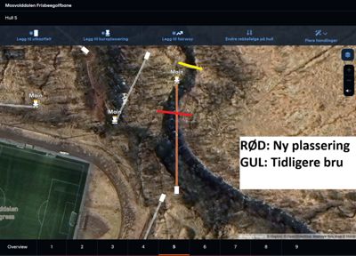 Satellittkart over Mosvolddalen Frisbeegolfbane som viser plassering av hull 5, fairways og en planlagt bro.