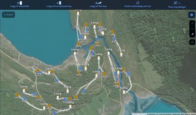 Kartvisning av et terreng med flere markerte punkter (Lang/Kort) og nummerering, sannsynligvis fra en planleggings- eller analyseverktøy.