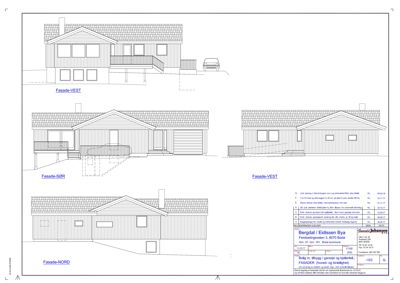 Fasadetegning som viser bygningens utsyn fra nord, vest og sør.