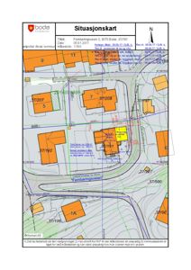 Situasjonskart som viser tomtens beliggenhet, nabolag og bygningers plassering.