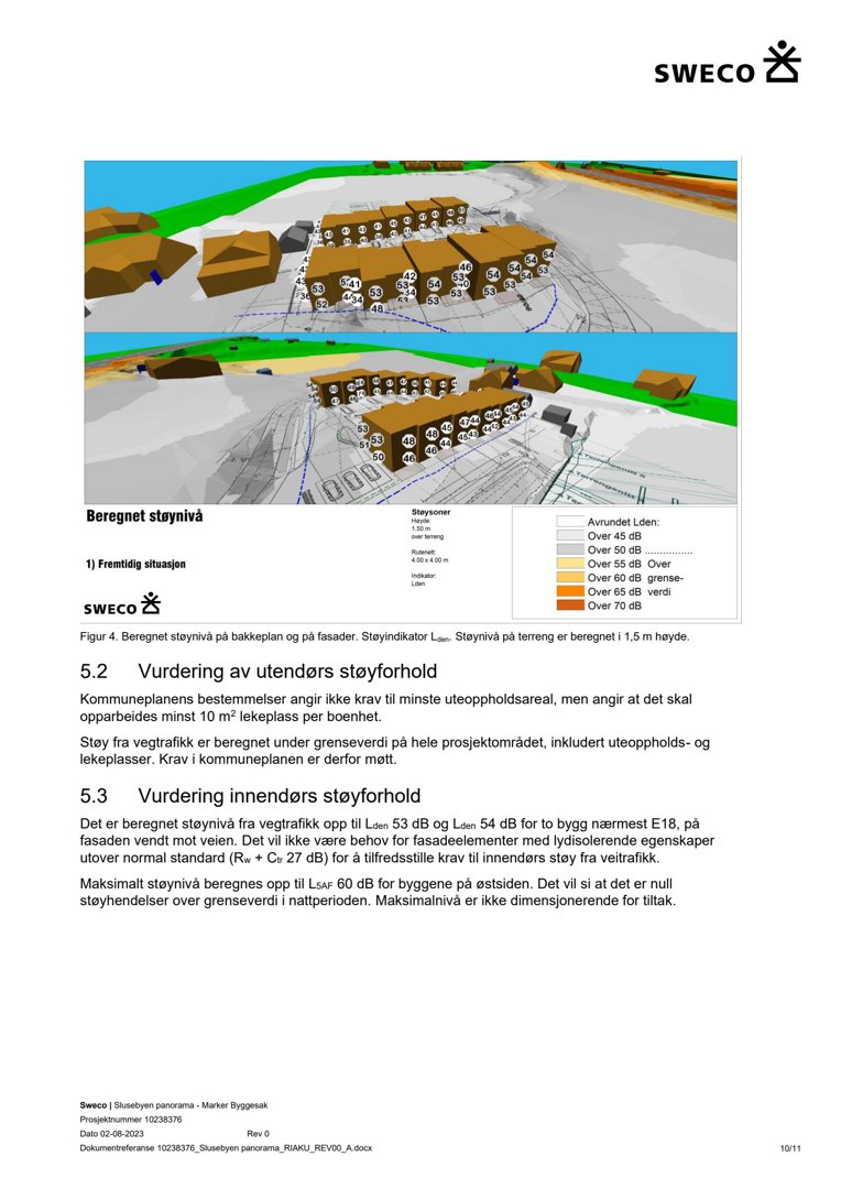 3D-visualisering (rendering) som viser fremtidig situasjon med beregnet støykart over et boligfelt.