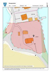 Situasjonskart som viser tomtens beliggenhet, grenser, høydemålepunkter og nabolag.