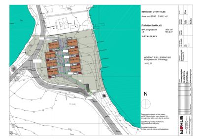 Situasjonsplan som viser tomtens form, høydemålerlinjer, eksisterende vegnett, og plassering av planlagte bygninger (EB1-EB8) med angitte arealer og utnyttelsesgrad.