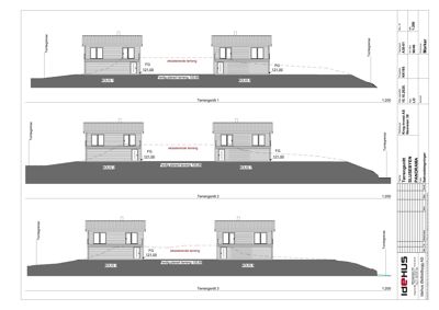 Terningeritt som viser tverrsnitt av to hus sett fra siden, med angivelse av høyder (FG), terrengforhold og eksisterende terreng.