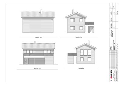 Fasadetegning som viser bygningens utsyn fra fire sider: Nord, Vest, Sør og Øst.