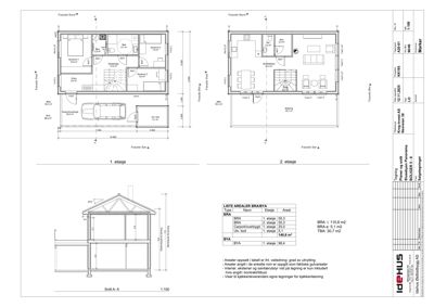 Bildet viser etasjeplaner for 1. og 2. etasje, samt et snitt (Snitt A-A) og en arealoversikt for en bolig.