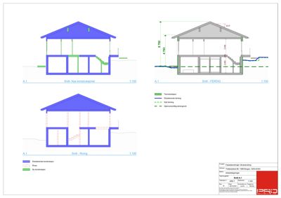 Snittegning som viser tverrsnitt gjennom en bygning i ulike fasonger (nye konstruksjoner, ferdig, rivning).