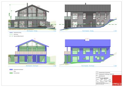 Fasadetegninger som viser bygningens utseende fra ulike vinkler (Nord, Øst) i både endringer og ferdig tilstand.