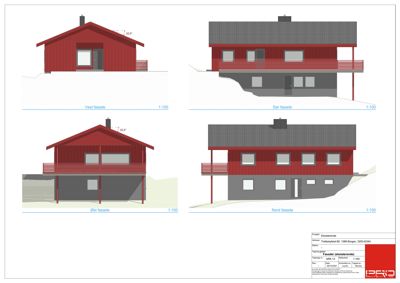 Fasadetegning som viser Vest, Sør, Øst og Nord fasade for en bolig.