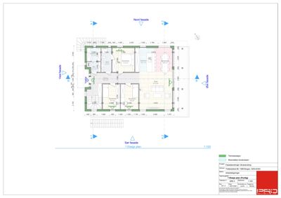 Etasjeplan (1. etasje) med romfordeling, dimensjoner og fasadeindikasjoner.