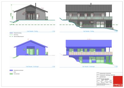 Fasadetegning som viser bygningens utseende fra vest og sør, med mål og endringer i forhold til eksisterende konstruksjon.