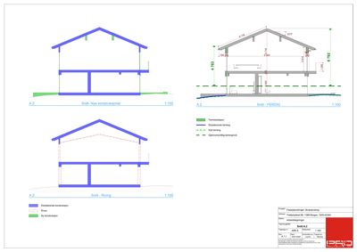 Snittegning av en bygning som viser tverrsnittet gjennom huset, med mål på høyder og konstruksjoner.