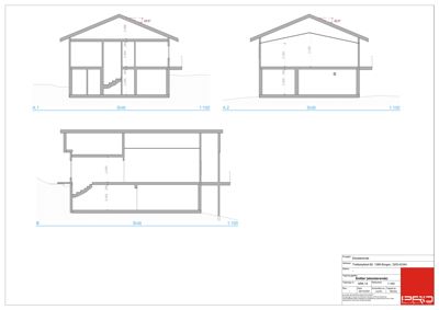 Snittegning som viser tverrsnitt gjennom bygningen med høydemål og romfordeling.