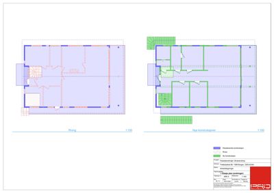 Etasjeplan som viser romfordeling og endringer i et bygg. Bildet viser to alternativer: 'Riving' (rødt) og 'Nye konstruksjoner' (grønt), samt en oversikt over eksisterende konstruksjoner (blått).