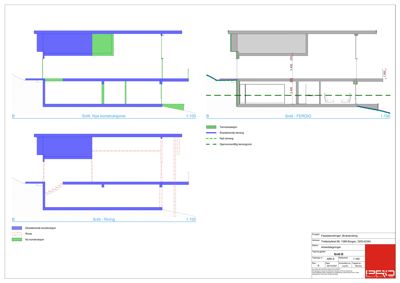 Snittegning som viser tverrsnitt gjennom en bygning, med oppriss av konstruksjoner, terreng og nivåer.