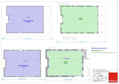 Bildet viser etasjeplaner (1. etasje og underetasje) for en bygning med angitte BRA-arealer.