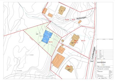 Situasjonsplan som viser tomtegrenser, nabobebyggelse, veier og topografi for eiendommen Lundavegen 564.
