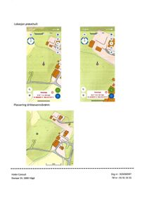 Dokument med tre kartutsnitt (fra en mobilapp) som viser lokasjon for prøvehull og plassering av drikkevannsbrønn.