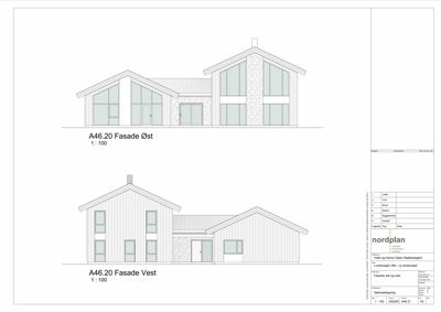 Fasadetegning som viser bygningens utsyn mot øst og vest.