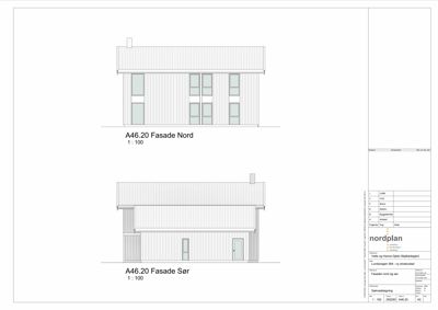 Fasadetegning som viser bygningens utsyn mot nord og sør med detaljer om vinduer, tak og fasadematerialer.