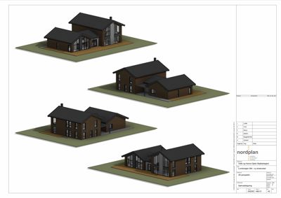 3D-visualisering (rendering) av en bolig fra fire ulike vinkler.