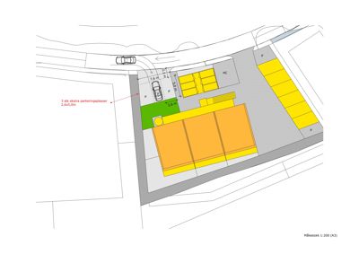 Situasjonsplan som viser tomtens form, bygningers plassering, parkeringsplasser (merket med 'P'), og tilstøtende veier.