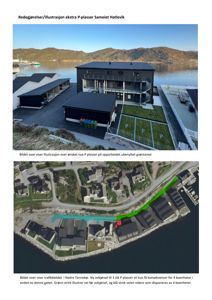 Bildet viser en illustrasjon (rendering) av et nytt P-plasser-prosjekt ved Sameiet Hatlevik, samt et flyfoto med markeringer av trafikkbildet og konsekvenser for boenheter.
