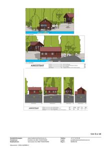 Fasadetegninger som viser bygningens utseende fra ulike vinkler (for-, side- og bakfasade) med detaljer om takform, farge og materialer.