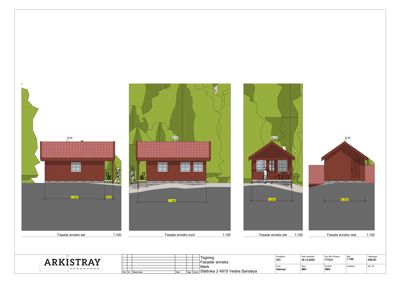Fasadetegninger for et anneksskjul, som viser oppriss av bygningen sett fra fire sider (sør, nord, øst og vest). Tegningene inkluderer mål på bredde og høyde.