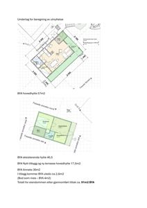 Bildet viser to etasjeplaner (hovedhytte og annekset) med romfordeling, mål og en beregning av total utnyttelse (BYA).