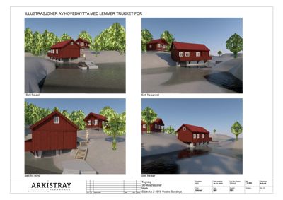 3D-visualiseringer (renderinger) av hovedhytta med lemmene trukket for, vist fra fire ulike vinkler (øst, sørøst, nord, sør).