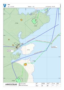 Situasjonsplan som viser tomt, vannveier og infrastruktur for et prosjekt.