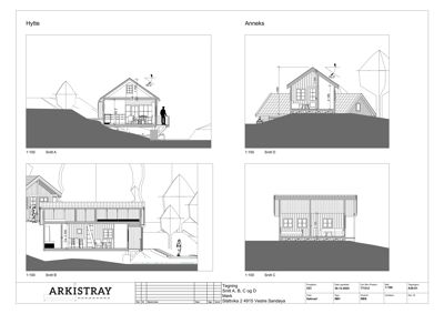 Bildet viser fire snittegninger (Snitt A, B, C og D) av en hytte og et anneksett. Tegningene illustrerer bygningens tverrsnitt gjennom ulike deler for å vise høyder, takform og innvendig konstruksjon.