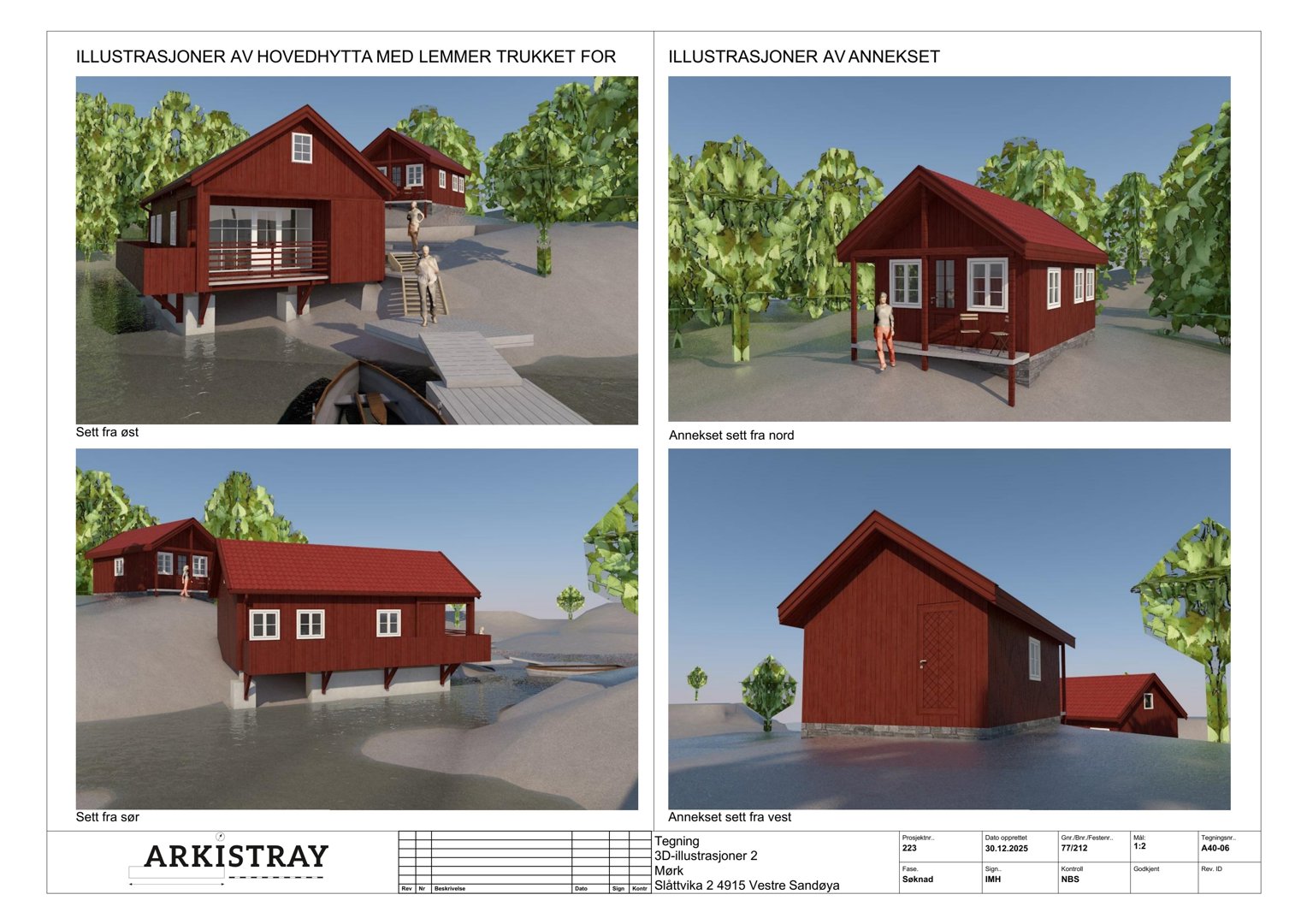 3D-visualiseringer (renderinger) av hovedhytta og anneks sett fra ulike vinkler.