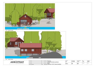 3D-visualisering (rendering) av fasade Nordøst og Sørøst for en hytte med omgivende natur.