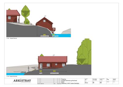 Tegning som viser fasadeopprikk (seksjon) av en bygning sett fra vest og nordvest, inkludert terrengforhold og mål.