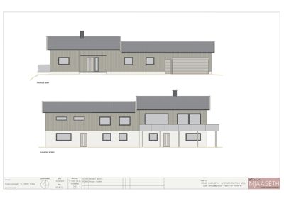 Fasadetegning som viser bygningens utseende fra to sider (Sør og Nord) med detaljer om vinduer, dører og takform.